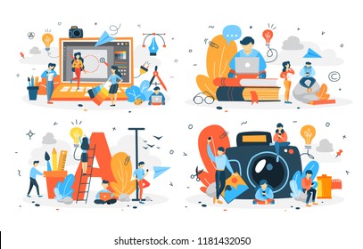 Set of people making different types of digital content. Creative blogger. Photography and text, video and illustration. Vector flat illustration