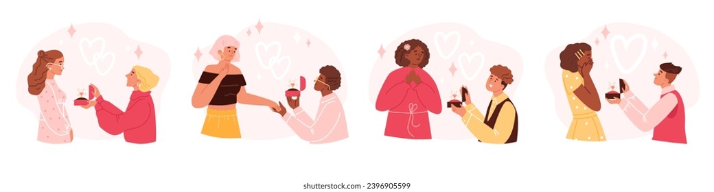 Set of people making marriage proposal flat style, vector illustration isolated on white background. Decorative design elements collection, surprise and emotions, love and relationships