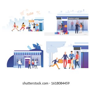 Set of people making purchases with discount. Flat vector illustrations of customers shopping in stores. Sale, shopping concept for banner, website design or landing web page