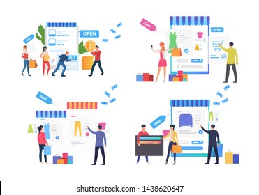 Set of people making purchases over internet. Group of buying clothes online on sale. Vector illustration for commercial, presentation, online shopping