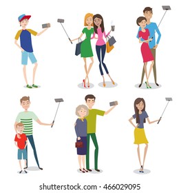 Set of people making self photo using a smartphone. Characters illustration for your design