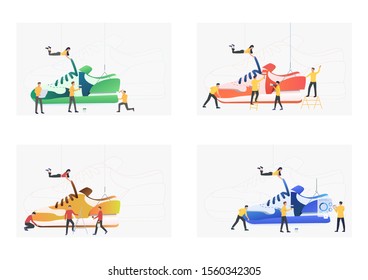 Set of people making shoes. Flat vector illustrations of designers creating trainers. Shoemaking concept for banner, website design, landing web page