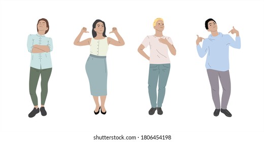 Conjunto de personas - hombre y mujer con expresión orgullosa y arrogante. Ilustración de personas coloridas sobre fondo blanco. Hand dibujó la ilustración de la gente. 