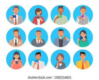 set of People man and women holding card flat vector illustration. variation of people holding card or credit card for avatar or others.