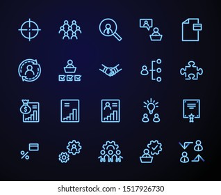 Set of People Management Related Vector Line Icons. Contains such Icons as Target, Puzzle, Certificate, Personal data processing, Task Manager, Qualification, Head Hunting and more. Editable Stroke