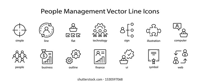 Set of People Management Related Vector Line Icons. Contains such Icons as Target, Puzzle, Certificate, Personal data processing, Task Manager, Qualification, Head Hunting and more. Editable Stroke