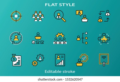 Set of People Management Related Vector Line Icons. Contains such Icons as Target, Puzzle, Certificate, Personal data processing, Task Manager, Qualification, Head Hunting and more. Editable Stroke