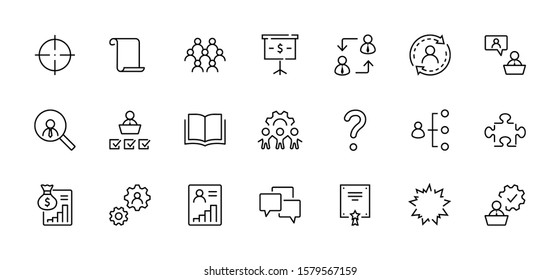 Set of People Management Related Vector Line Icons. Contains such Icons as Target, Puzzle, Certificate, Personal data processing, Task Manager, Qualification, Head Hunting and more. Editable Stroke