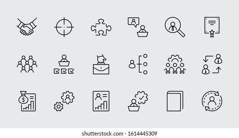 Set of People Management Related Vector Line Icons. Contains such Icons as Target, Puzzle, Certificate, Personal data processing, Task Manager, Qualification, Head Hunting and more. Editable Stroke