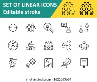 Set of People Management Related Vector Line Icons. Contains such Icons as Target, Puzzle, Certificate, Personal data processing, Task Manager, Qualification, Head Hunting and more. Editable Stroke