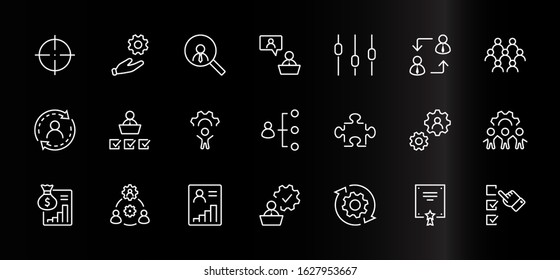 Set of People Management Related Vector Line Icons. Contains such Icons as Target, Puzzle, Certificate, Personal data processing, Task Manager, Qualification, Head Hunting and more. Editable Stroke
