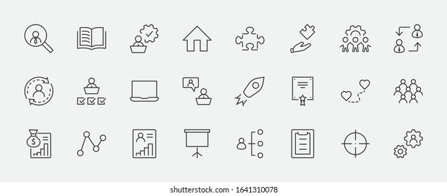 Set of People Management Related Vector Line Icons. Contains such Icons as Target, Puzzle, Certificate, Personal data processing, Task Manager, Qualification, Head Hunting and more. Editable Stroke
