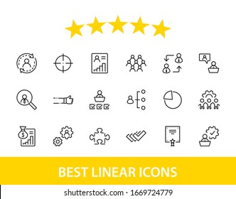 Conjunto de iconos de línea de vectores relacionados con la administración de personas. Contiene iconos como Target, Puzzle, Certificate, Personal Data Processing, Task Manager, Qualification, Head Hunting y más. Trazo editable