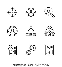 Set of People Management Related Vector Line Icons. Contains such Icons as Target, Puzzle, Certificate, Personal data processing, Task Manager, Qualification, Head Hunting and more. Editable Stroke