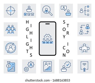 Set of People Management Related Vector Line Icons. Contains such Icons as Target, Puzzle, Certificate, Personal data processing, Task Manager, Qualification, Head Hunting and more. Editable Stroke