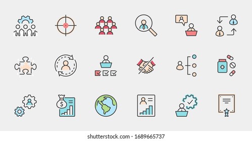 Set of People Management Related Vector Line Icons. Contains such Icons as Target, Puzzle, Certificate, Personal data processing, Task Manager, Qualification, Head Hunting and more. Editable Stroke