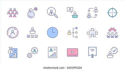 Set von Vektorillustration-Symbolen für die Personalverwaltung. Enthält Symbole wie Target, Puzzle, Certificate, Verarbeitung personenbezogener Daten, Task Manager, Qualifikation, Head Jagd und mehr. Bearbeitbarer Stroke