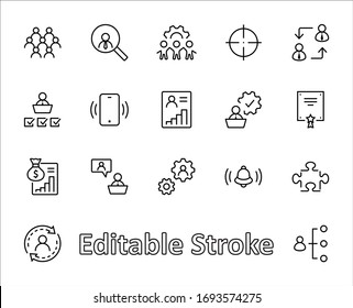 Conjunto de iconos de línea de vectores relacionados con la administración de personas. Contiene iconos como Target, Puzzle, Certificate, Personal Data Processing, Task Manager, Qualification, Head Hunting y más. Trazo editable