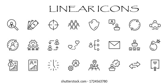 Set of People Management Related Vector Line Icons. Contains such Icons as Target, Puzzle, Certificate, Personal data processing, Task Manager, Qualification, Head Hunting and more. Editable Stroke