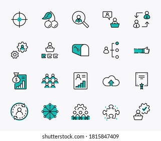 Set of People Management Related Vector Line Icons. Contains such Icons as Target, Puzzle, Certificate, Personal data processing, Task Manager, Qualification, Head Hunting and more. Editable Stroke