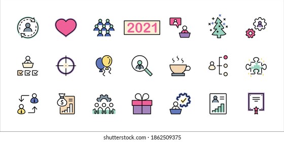Set of People Management Related Vector Line Icons. Contains such Icons as Target, Puzzle, Certificate, Personal data processing, Task Manager, Qualification, Head Hunting and more. Editable Stroke