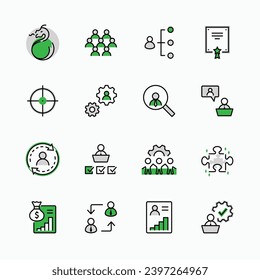 Set von Vektor Line-Symbolen für die Personalverwaltung. Enthält Symbole wie Target, Puzzle, Certificate, Verarbeitung personenbezogener Daten, Task Manager, Qualifikation, Head Jagd und mehr. Bearbeitbarer Stroke
