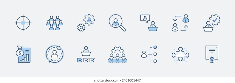 Conjunto de iconos de línea de vectores relacionados con la administración de personas. Contiene iconos como Target, Puzzle, Certificate, Personal Data Procesing, Task Manager, Qualification, Head Hunting y más. Stroke Editable
