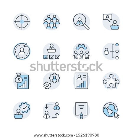 Set of People Management Related Vector Line Icons. Contains such Icons as Target, Puzzle, Certificate, Personal data processing, Task Manager, Qualification, Head Hunting and more. Editable Stroke