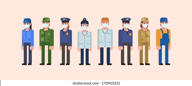 Set Of People In Mask Representing Various Occupations. People Working In Front Lines During Pandemia. Minimal Design Vector Illustration