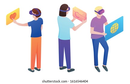 Set of people in masks communicating in parallel realities illustration