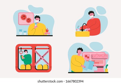 set with people in masks for face. people are looking for a vaccine against coronavirus. man washes his hands. man rides in transport. vector illustration