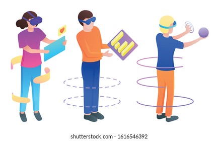 Set of people in masks playing games communicating vector illustration