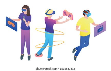 Set of people in masks playing virtual games vector illustration