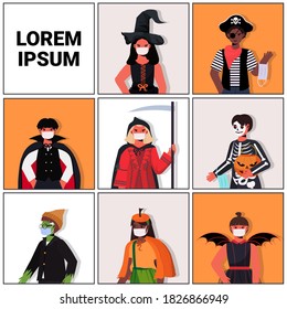 set people in masks wearing different costumes happy halloween party celebration coronavirus quarantine concept portraits collection copy space vector illustration
