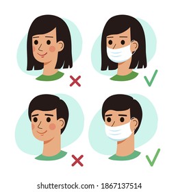 A set of people in a medical mask and without it. Wearing a mask. Flat vector illustration.
