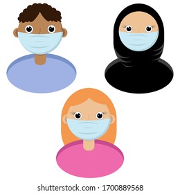 A set of people in medical masks: a dark-skinned boy, a Muslim woman, a European woman.Flat illustration.Cartoon style