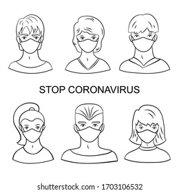 A set of people in medical masks, young men and women . Stop coronavirus. Vector illustration. Coloring page.