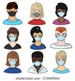 A set of people in medical masks, young men and women on a white background. Stop coronavirus. Vector illustration.