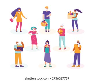 Set of people in medical protective masks during the epidemic and quarantine. Men and women of different nationalities and ages maintain a safe social distance. Protection from infection. Flat vector