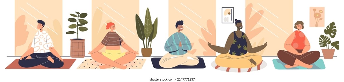 Set of people meditating. Young cartoon men and women practice yoga and meditation for mental health balance, relaxation, recreation and wellness. Cartoon flat vector illustration