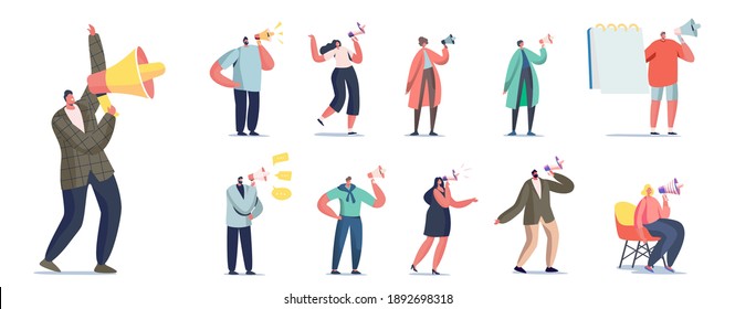 Set of People with Megaphone. Male and Female Characters Yell to Loudspeaker Isolated on White Background. Communication, Alert Advertising, Propaganda, Public Relations. Cartoon Vector Illustration