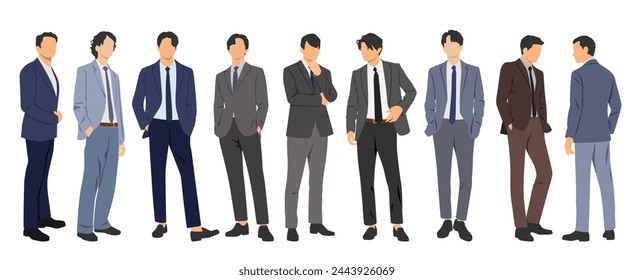 Set of  people, men in business suits, cartoon character, different colors, design concept of flat icon, group of business men silhouettes isolated on white background