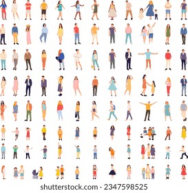 set of people, men and women, children on white background vector