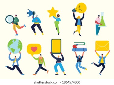 Set of people, men and women with different signs - book, work on laptop, search with magnifier, communicate. Vector graphic objects for collages and illustrations. Modern colorful flat style.
