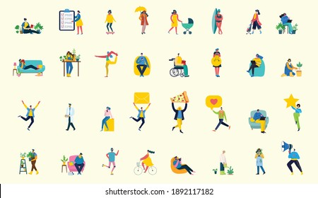 Set of people, men and women with different signs - book, work on laptop, search with magnifier, communicate. Vector graphic objects for collages and illustrations. Modern colorful flat style.