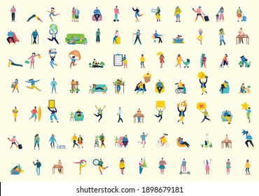 Set of people, men and women with different signs - book, work on laptop, search with magnifier, communicate. Vector graphic objects for collages and illustrations. Modern colorful flat style.