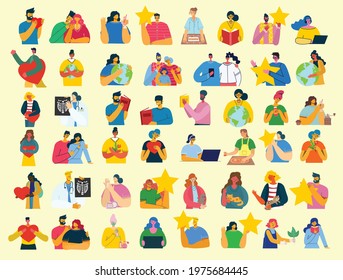 Set of people, men and women with different things Vector graphic objects for collages and illustrations. Modern colorful flat style.