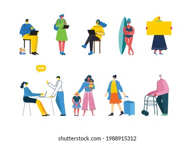 Set of people, men and women with different signs. Vector graphic objects for collages and illustrations. Modern colorful flat style.