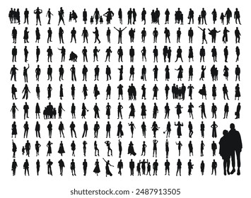 Set of people, men and women, parents and children, black silhouette
