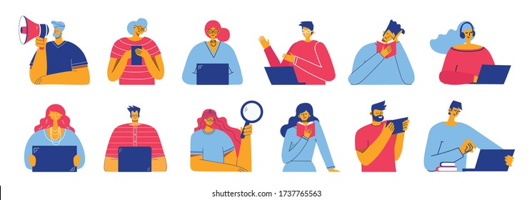 Set of people, men and women read book, work on laptop, search with magnifier, communicate. Vector graphic objects for collages and illustrations. Modern colorful flat style.